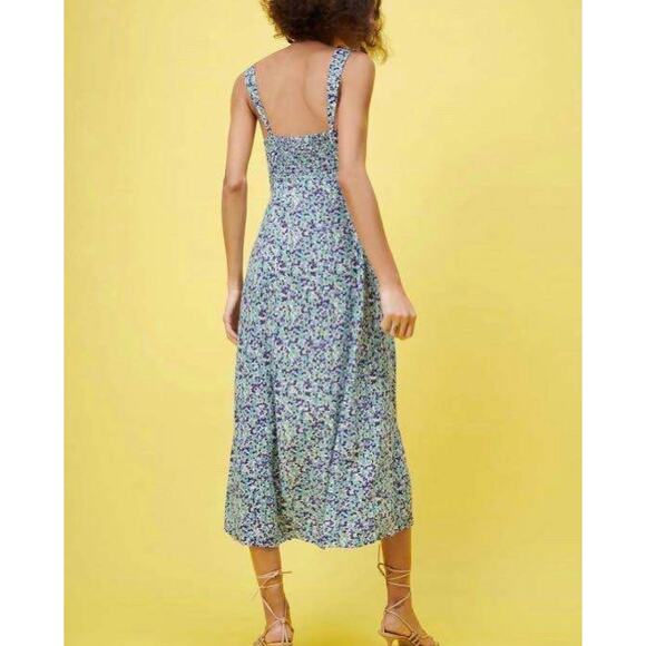 Zara Blue Floral Smocked V Neck Sleeveless Cami Camisole Slit Sheath Midi Dress - Picture 5 of 13